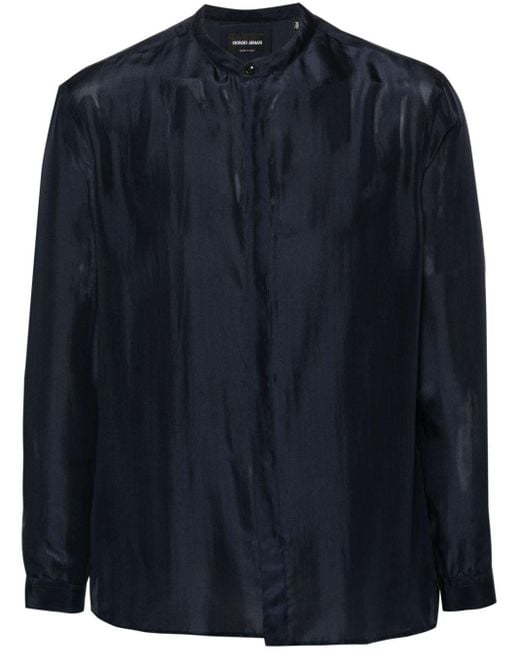 Giorgio Armani Blue Band-collar Silk Shirt for men