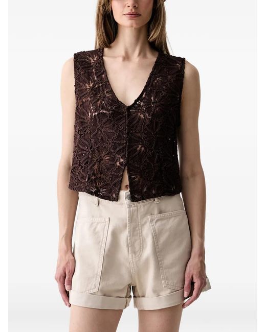 Haveone Brown Floral-Lace V-Neck Top