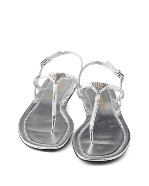 Prada White Triangle-Logo Thong Sandals