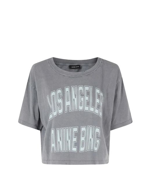 Anine Bing Gray Logo-Print Cropped T-Shirt