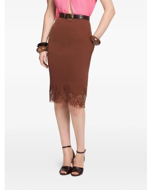 Elie Saab Brown Lace Mid-Length Pencil Skirt