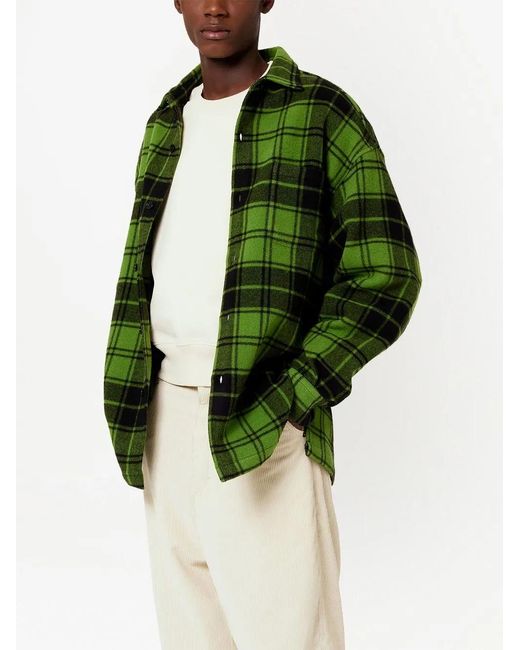 AMI Green Logo-Print Plaid-Patterned Shirt