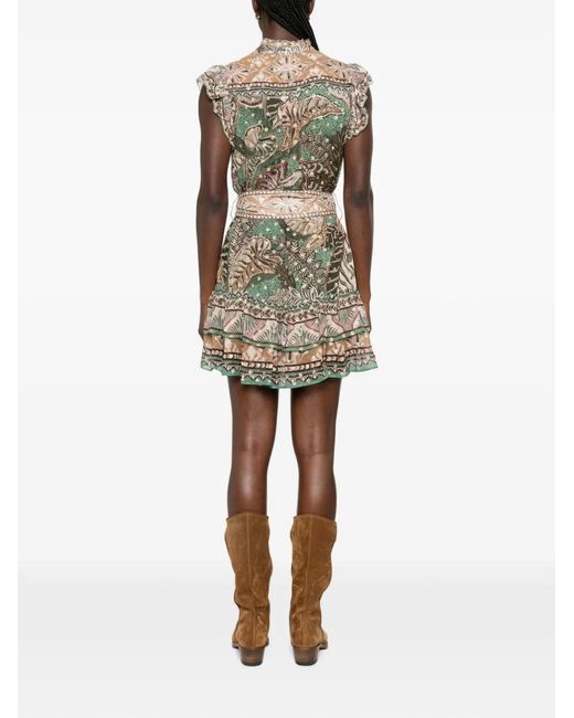 Farm Rio Green Dotted-Foliage Ruffled-Sleeve Mini Dress