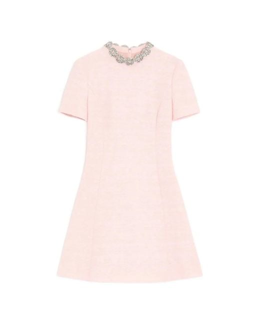 Valentino Garavani Pink Embroidered Crinkle Cotton Tweed Short Dress