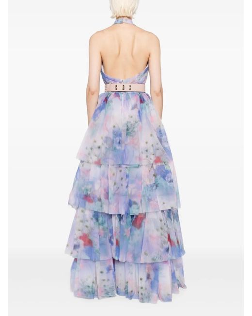 Saiid Kobeisy Blue Floral-Print Tulle Dress
