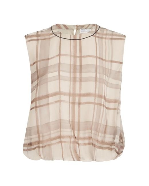 Brunello Cucinelli Natural Macrocheck-Print Organza Blouse