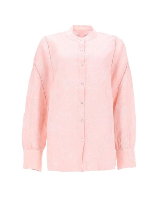 120% Lino Pink Embroidered-Detail Shirt