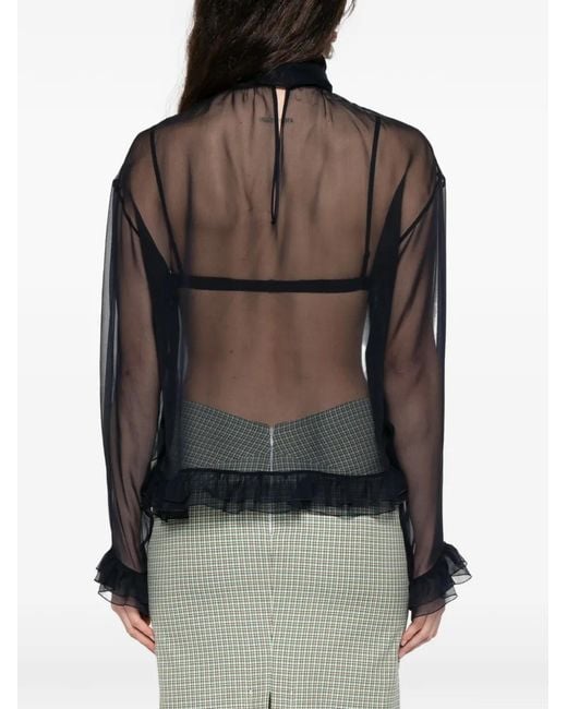 N°21 Blue Ruffled-Hem Pocket-Detail Blouse
