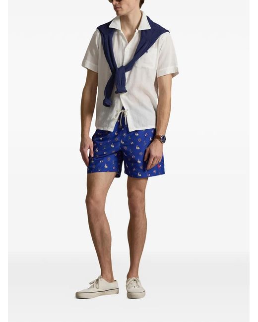 Polo Ralph Lauren Blue Nylon 14.5 Cm Traveller Swim Shorts With Anchor And Sailboat Print for men