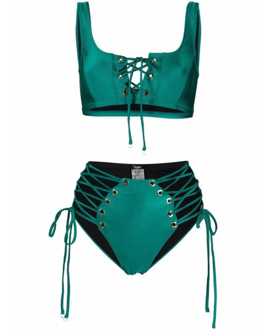 Noire Swimwear Green Lattice-Strap Metallic Bikini Set