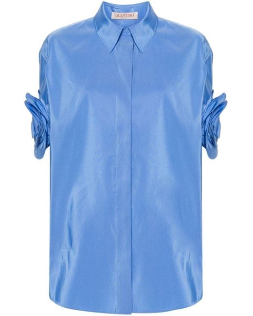 Camicia semi trasparente con applicazione a fiori di Valentino Garavani in Blue