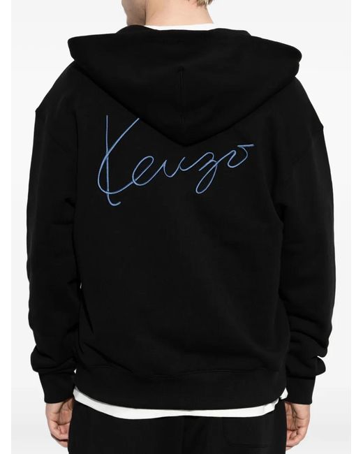 KENZO Black Hoodie Zippé À Logo Brodé for men