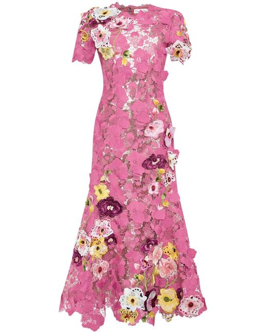 Oscar de la Renta Pink Orchid Embroidered Guipure Gown