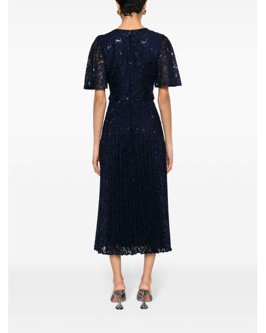 Nissa Blue Sequined Lace Midi Dress