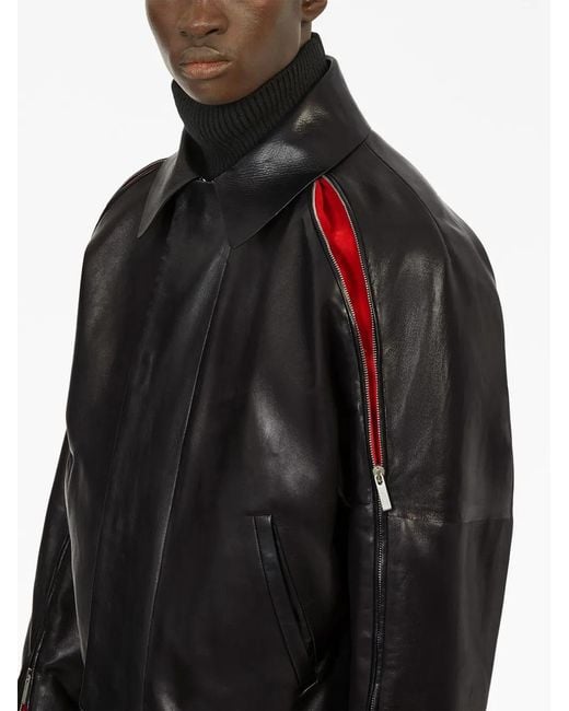 Ferragamo Black Contrasting-Panels Zip-Up Leather Jacket for men