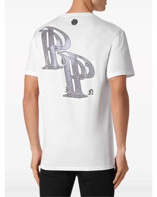 Philipp Plein White Rhinestone-Embellished Cotton T-Shirt for men
