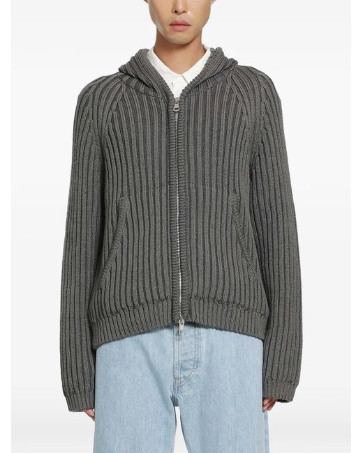 Our Legacy Gray Ribbed-Knit Zip-Up Level Hoodie for men