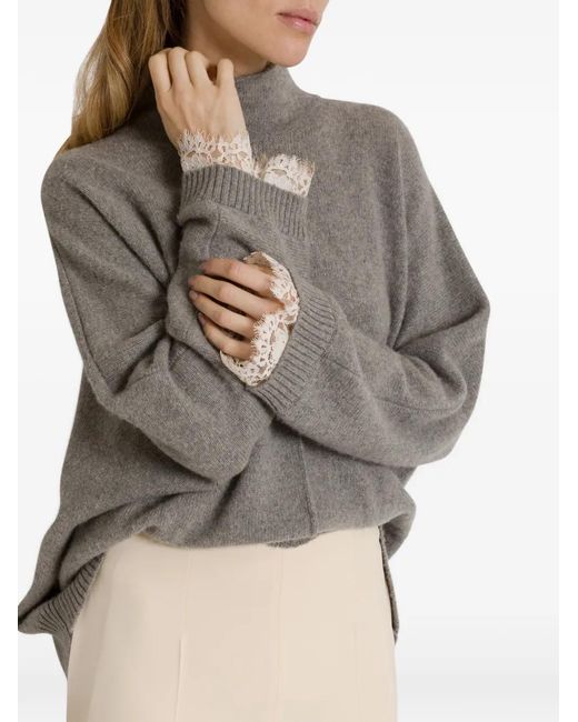 Alberta Ferretti Gray Lace-Trimmed High-Neck Sweater
