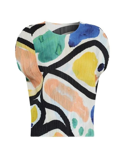 Pleats Please Issey Miyake Blue Roll Abstract-Print Pleated Blouse