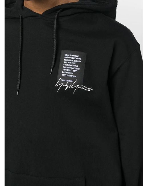 Yohji Yamamoto Black Quote-Patch Drawstring Hoodie for men