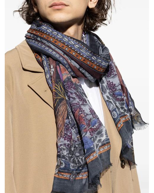 Etro Blue Graphic-Pattern Scarves for men