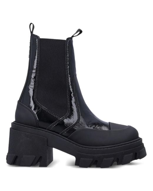 Ganni Black Patent-Leather Cleated Chelsea Boots