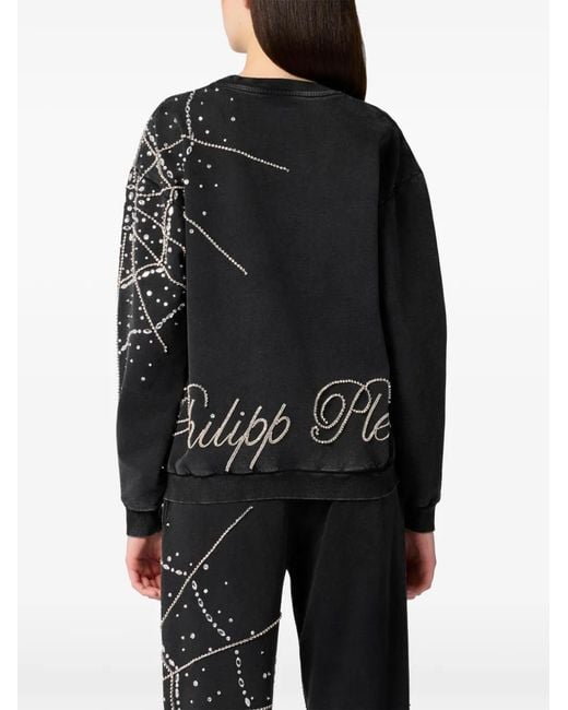 Philipp Plein Black Spiderweb Strass Round Neck Sweatshirt