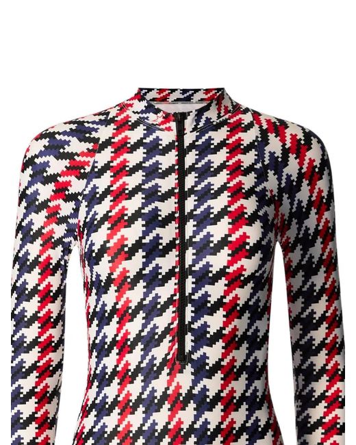 Perfect Moment Blue Houndstooth Long-Sleeve Half-Zip Swimsuit