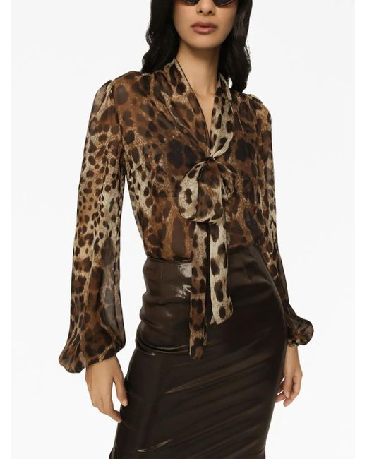 Dolce & Gabbana Brown Leopard-Print Chiffon Pussy-Bow Shirt