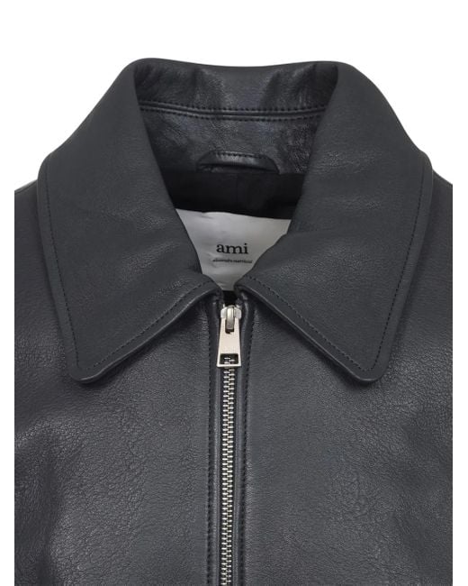 AMI Gray Zip-Front Leather Jacket for men