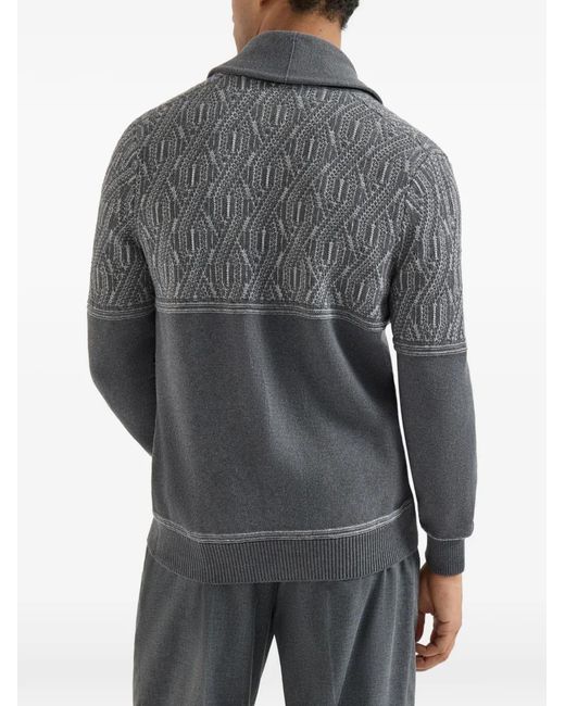 Brunello Cucinelli Gray Cotton Shawl-Collar Cardigan With Jacquard Cable Shoulder for men