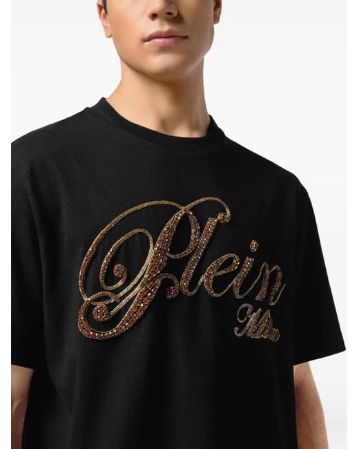 Philipp Plein Black Round Neck T-Shirt Stones for men
