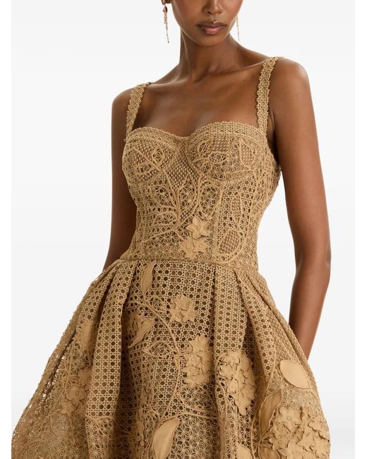 Oscar de la Renta Natural Flower-Appliqué Sleeveless Midi Dress