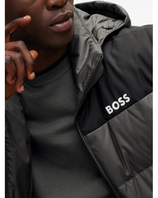 Boss Gray Logo-Print Hooded Down Jacket for men