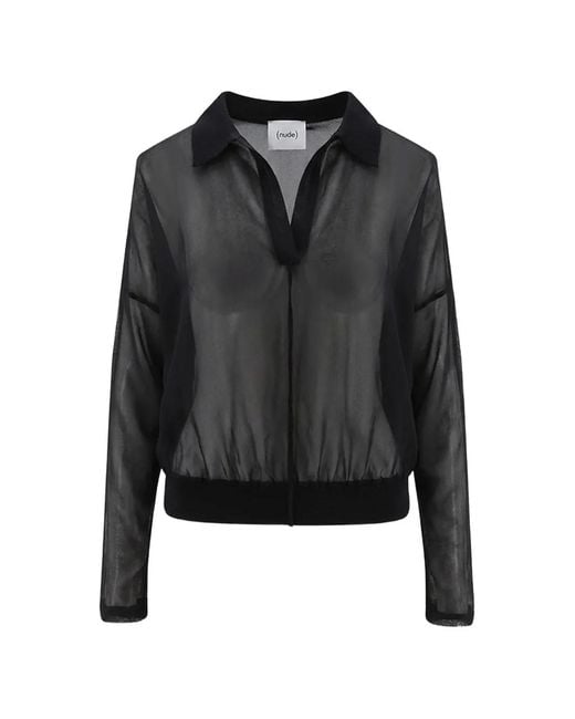 Nude Black Sheer Long-Sleeve Classic-Collar T-Shirt