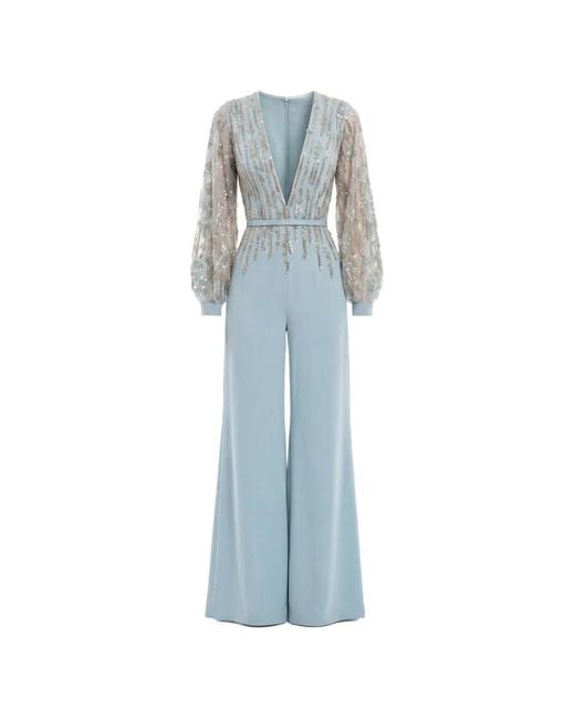 Saiid Kobeisy Blue Beaded V-Neck Belted Jumpsuit