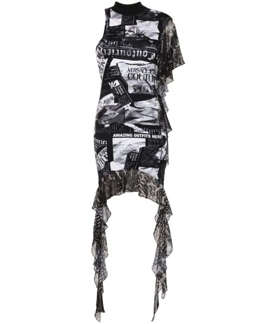 Versace Black Magazine-print Asymmetric Mini Dress