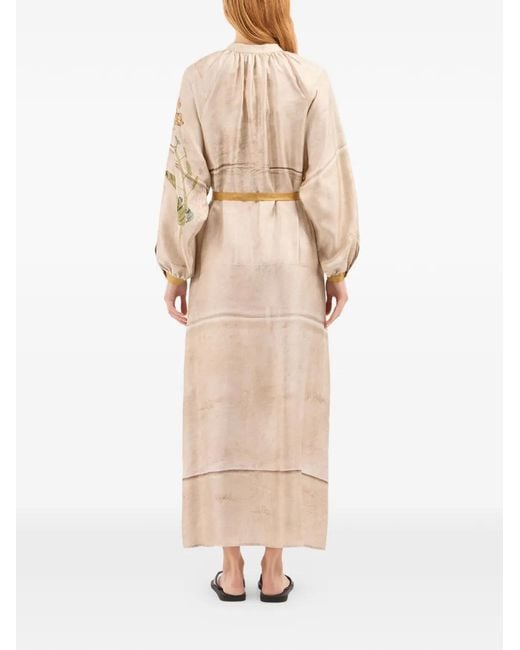 Pierre Louis Mascia Natural Aloe Floral Gathered-Detail Midi Shirt Dress