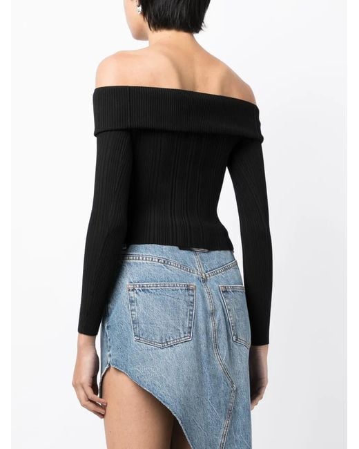 Self-Portrait Black Lace Inserted Ribbed Knit Top
