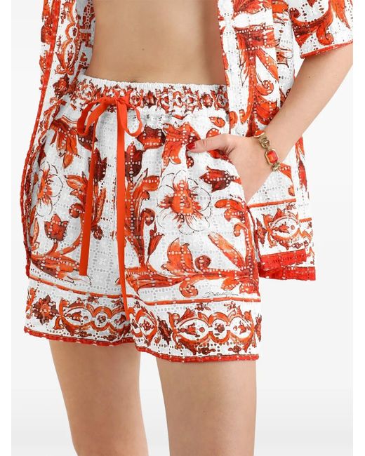 Dolce & Gabbana Red Majolica-Print Broderie Anglaise Lace Shorts
