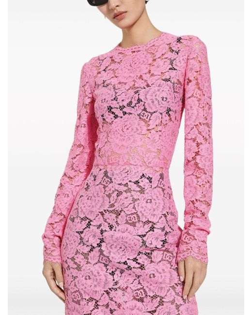 Dolce & Gabbana Pink Branded Floral Cordonetto Lace Sheath Dress