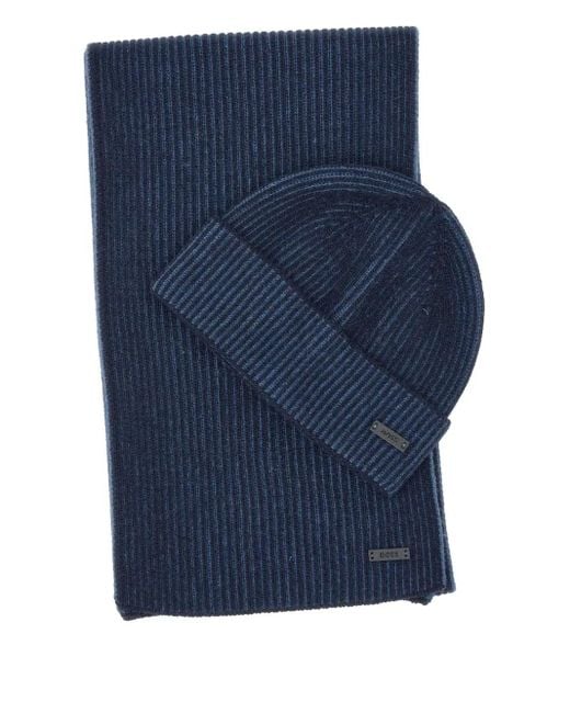 メンズ Boss リブウール ビーニー&スカーフ セット Blue