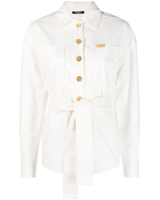 Balmain White Logo-Plaque Denim Shirt Jacket