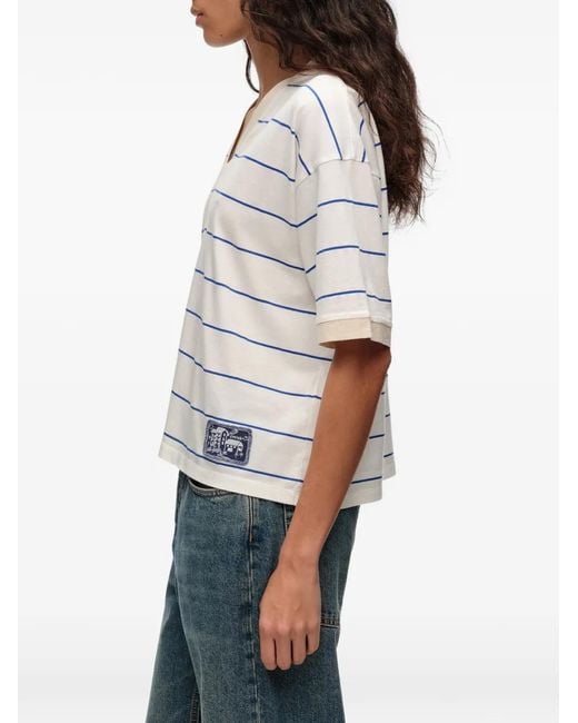 Bimba Y Lola White Striped Logo-Patch T-Shirt