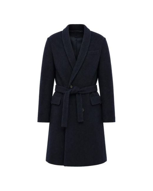 Paolo Pecora Blue Belted Shawl-Lapel Wool Coat for men