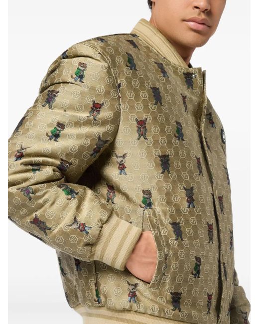 Philipp Plein Green Jacquard Animal-Print Bomber Jacket for men