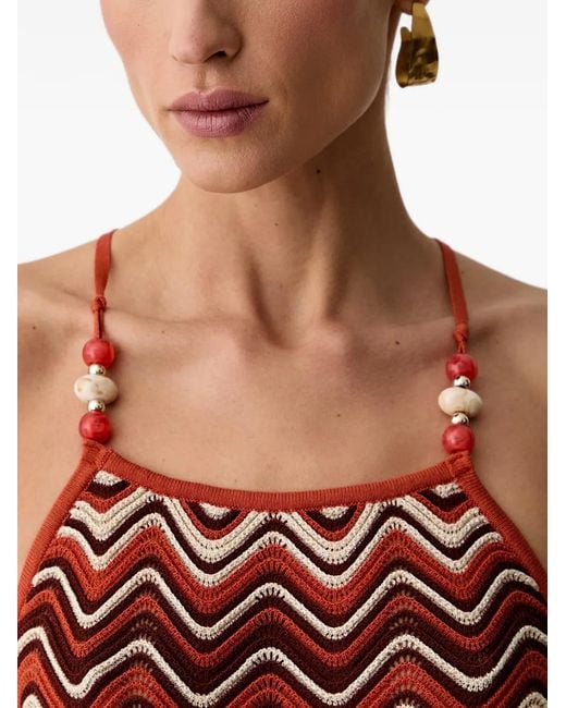 Morgan Red Zigzag-Knit Bead-Embellished Midi Dress