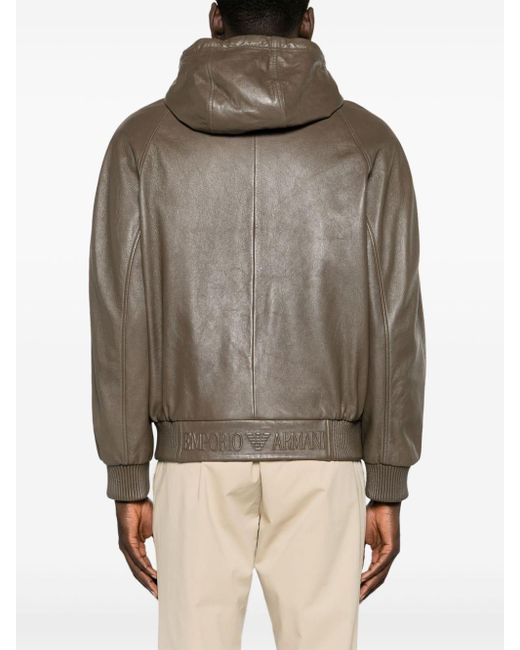 Emporio Armani Gray Hooded Leather Bomber Jacket for men