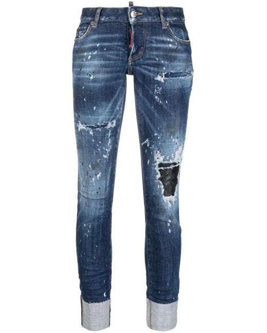 DSquared² Blue Splatter-Detail Skinny Jeans