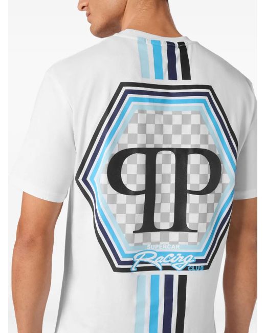 T-Shirt Hexagon A Righe di Philipp Plein in White da Uomo